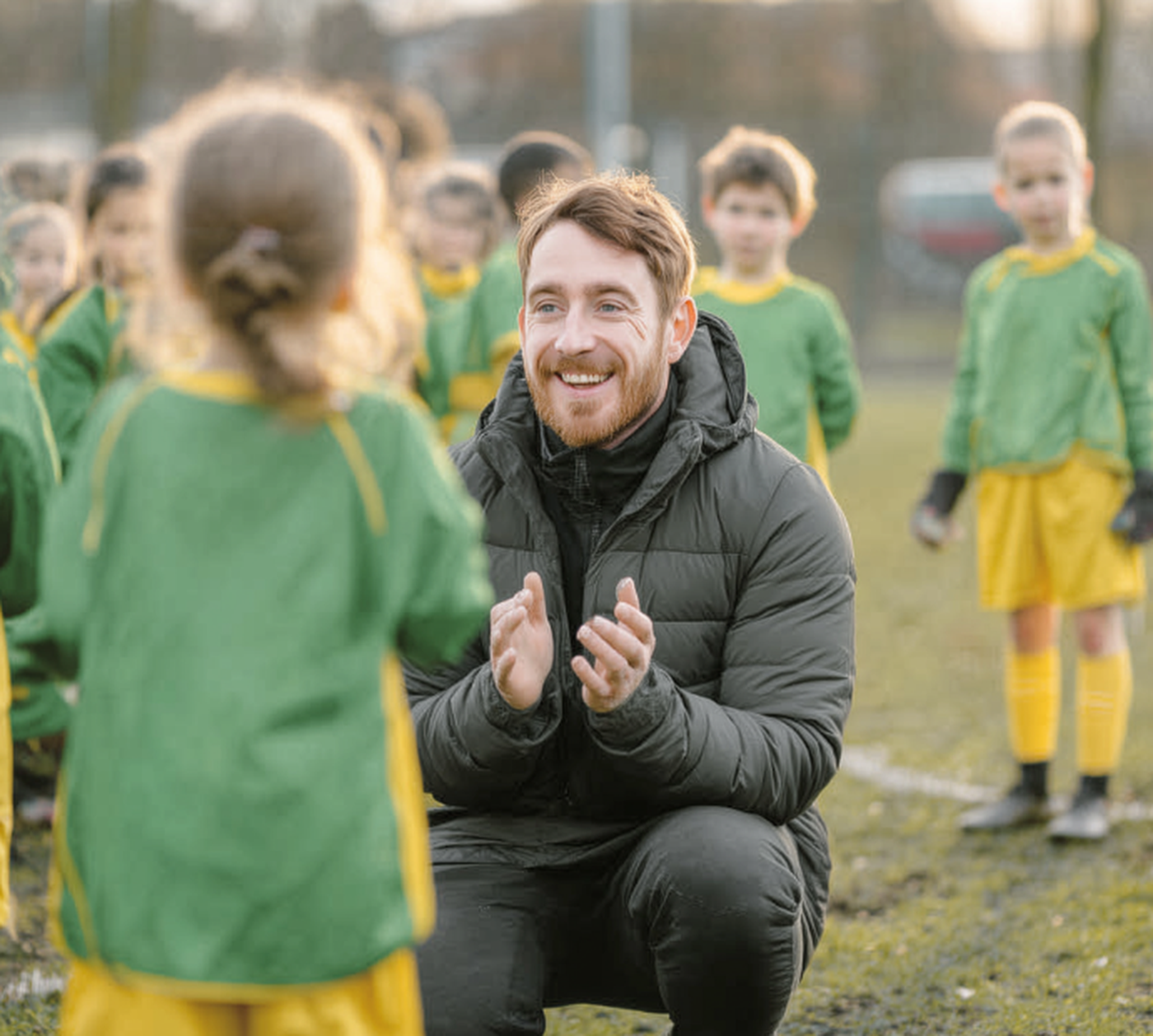 Man bending down to cheer on children in a sports game